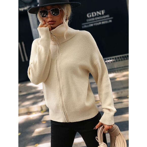 Graceful Rib-Knit Zip Up Collared Cardigan - Picture 3 of 5